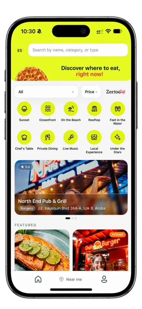 ZertooEats app on a smartphone: search, food categories and popular restaurants nearby