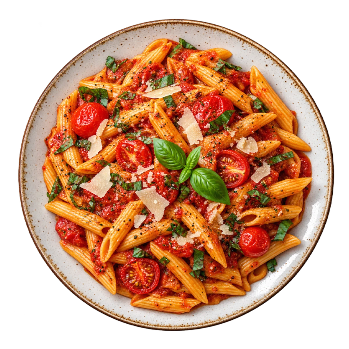 Plate of penne pasta with cherry tomatoes, basil and parmesan