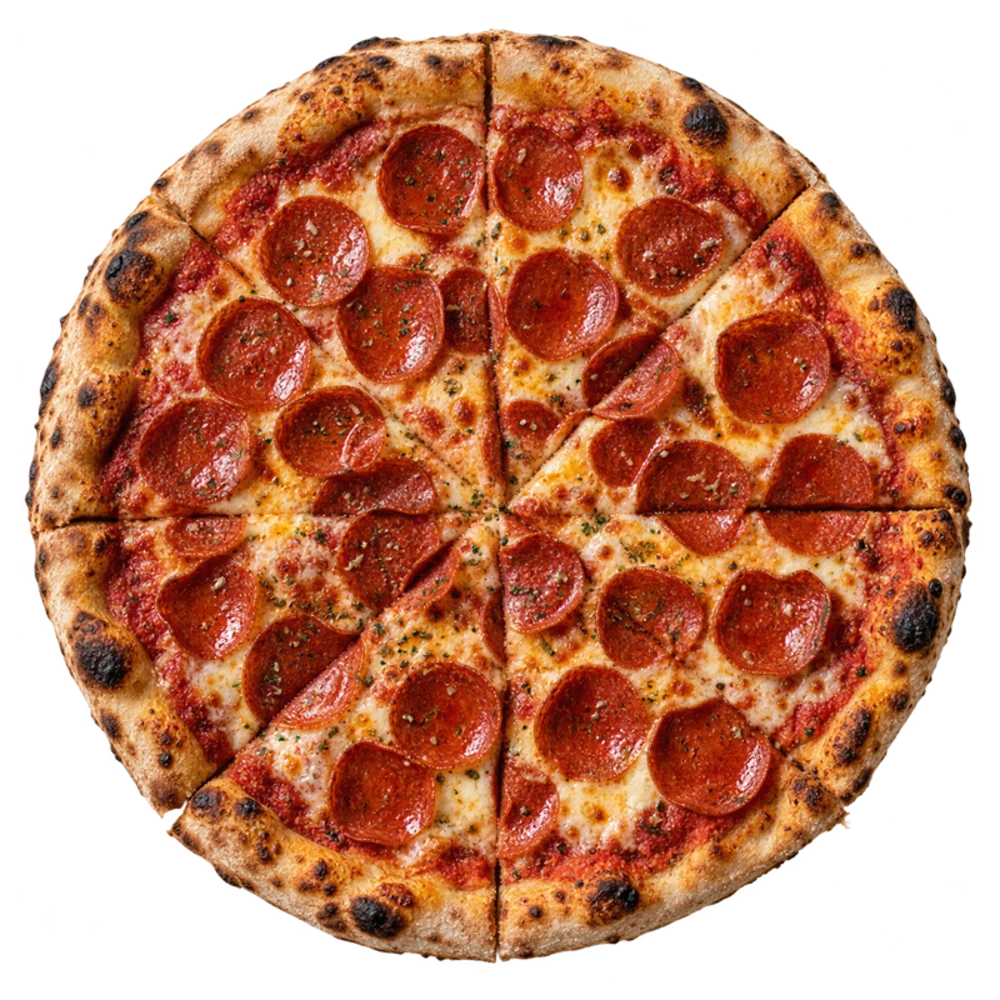 Whole pepperoni pizza seen from above