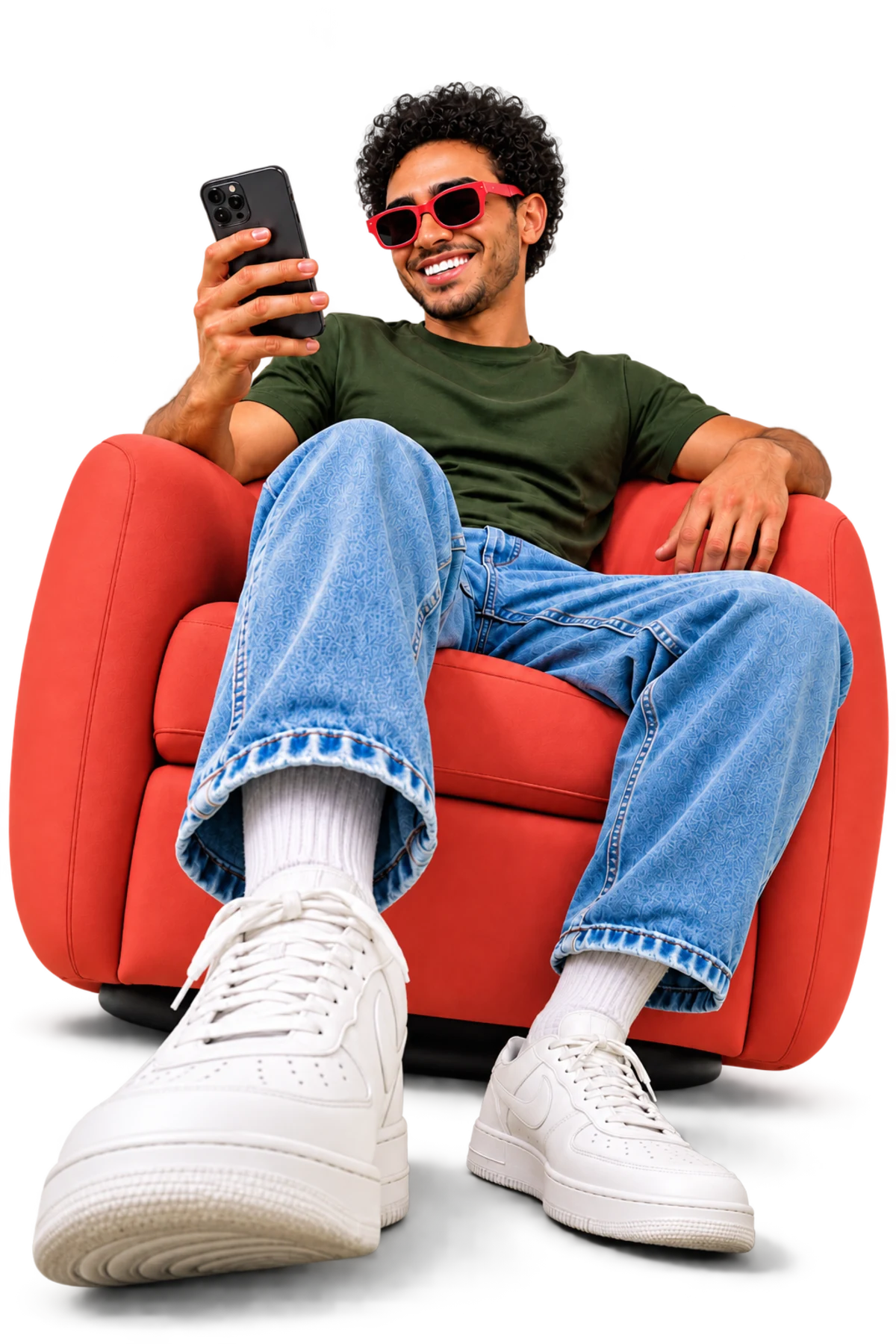 Smiling man with red sunglasses relaxing in a red armchair, browsing the ZertooEats app on his phone